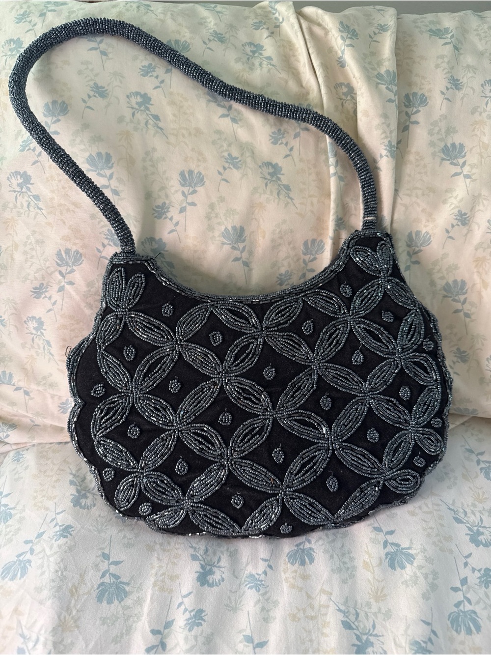 VTG Beaded Baguette Shoulder Bag Black Gunmetal Geometric Velvet Mini Purse Y2K